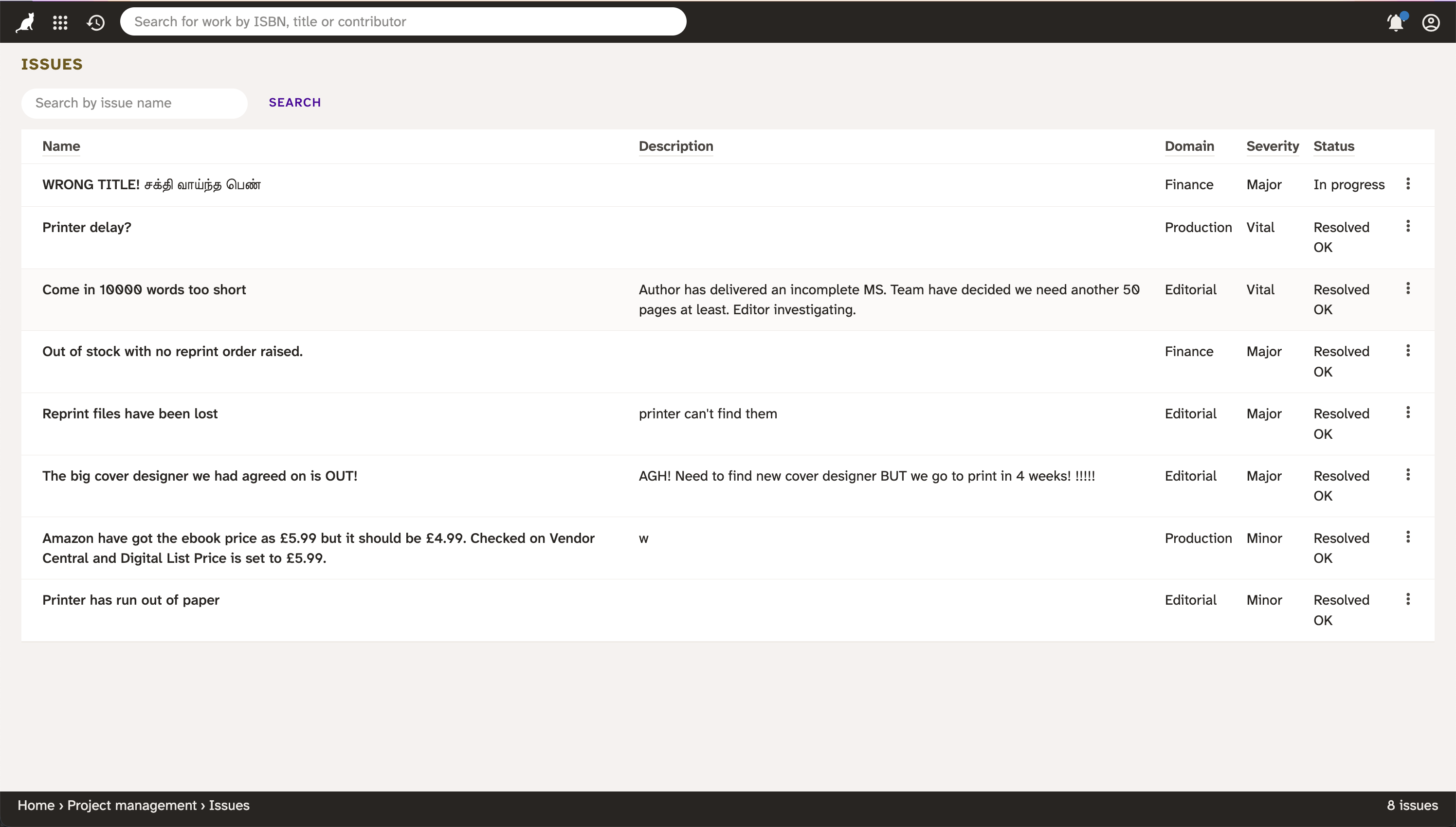 Screenshot of Issues page