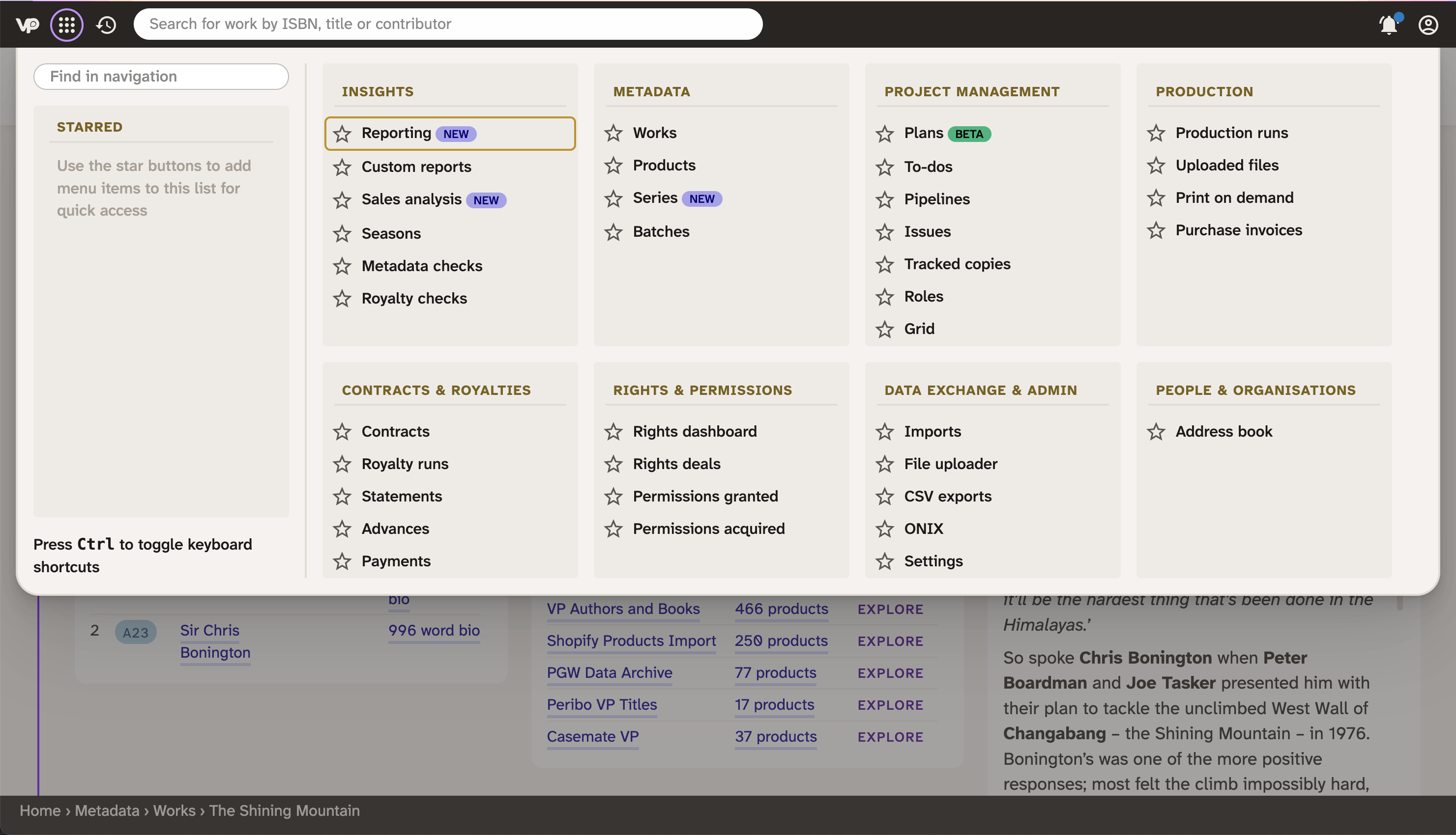 The navigation menu in Consonance