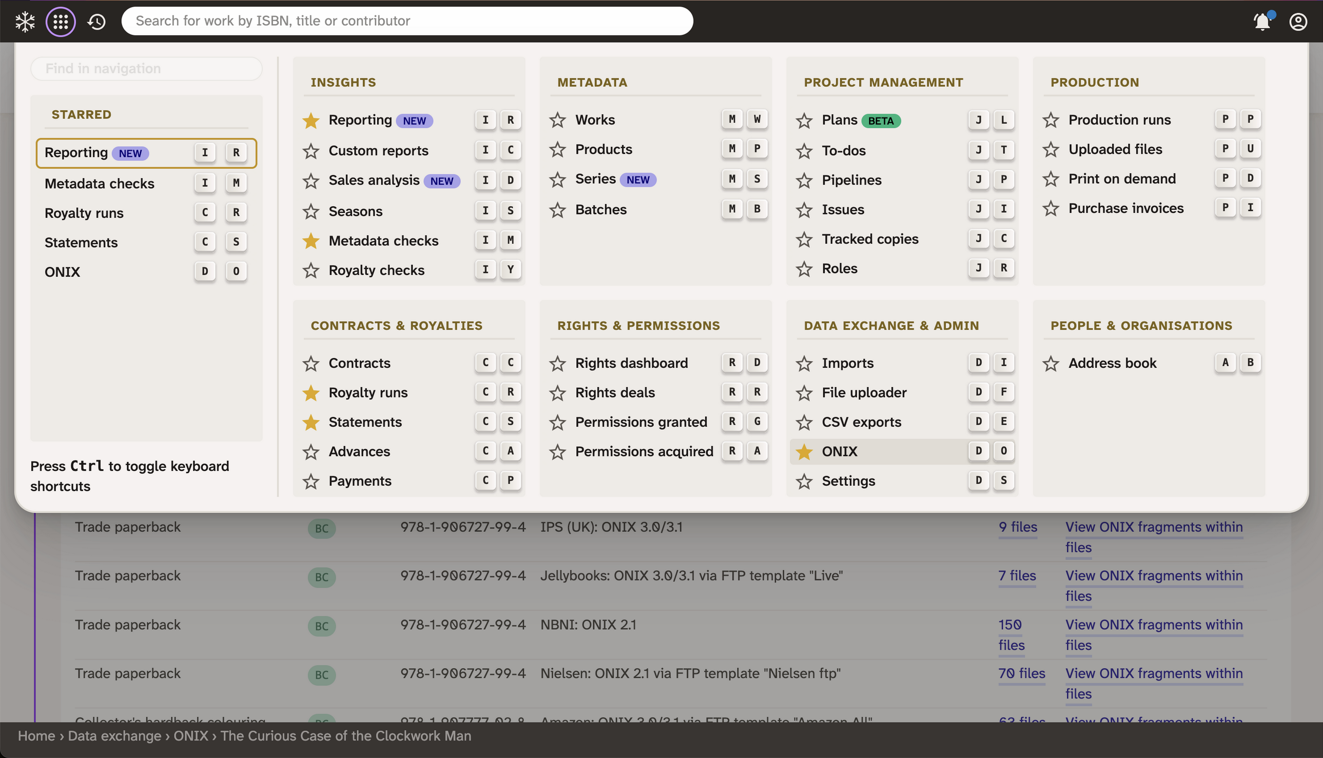 Screenshot of the main menu with shortcuts toggled on.