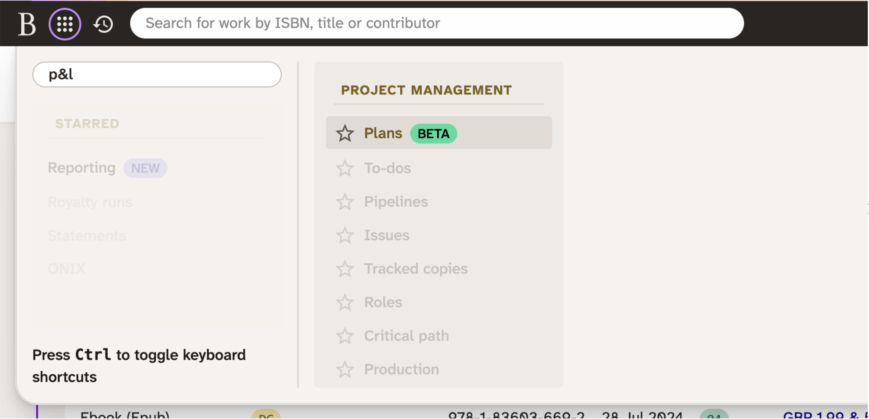 Screenshot of using the page filter to find the right page. P&L is typed into the filter, but the Plans link is displayed.