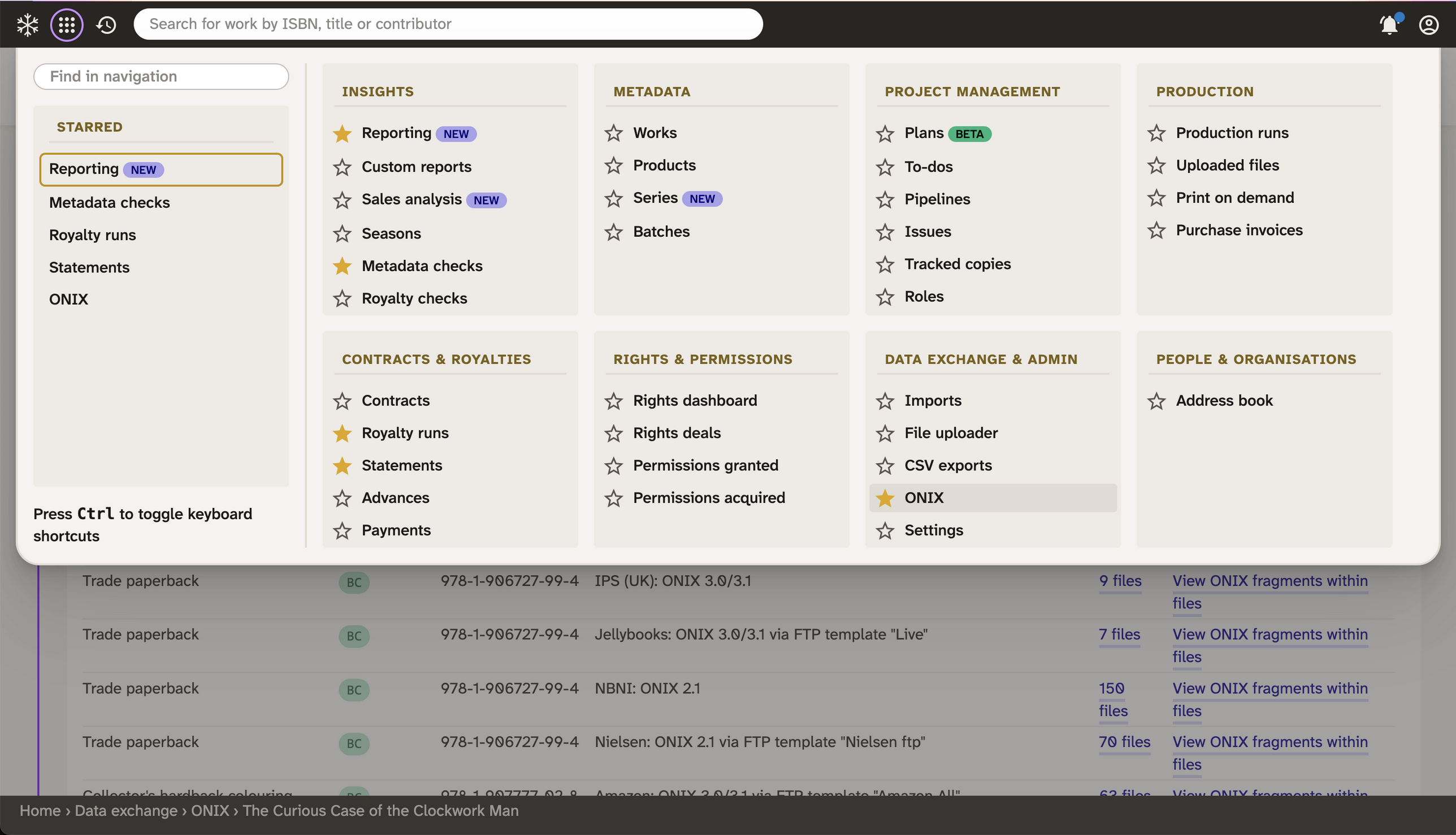Screenshot of the new main menu navigation