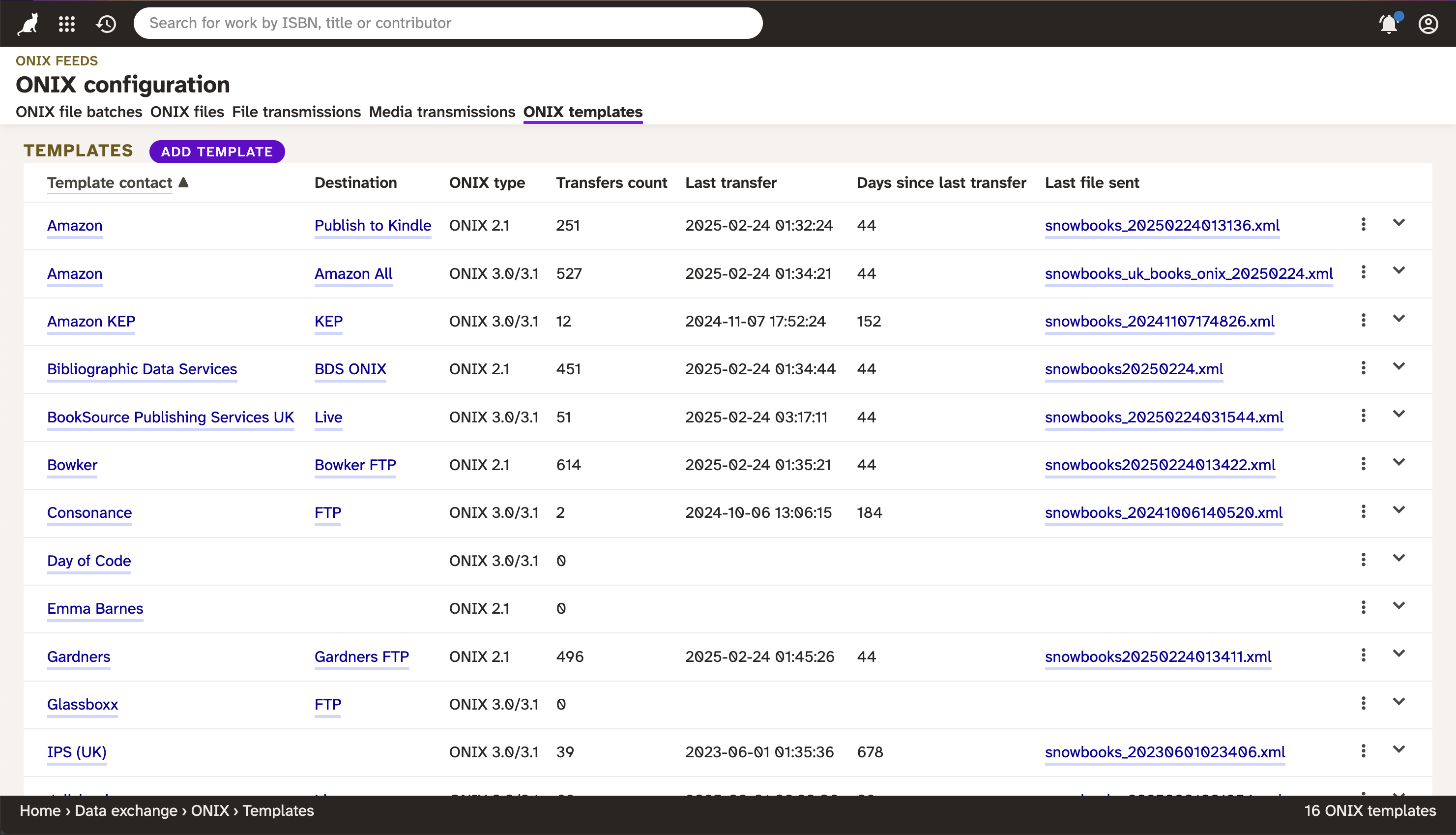 Screenshot showing Consonance's ONIX templates for a client.