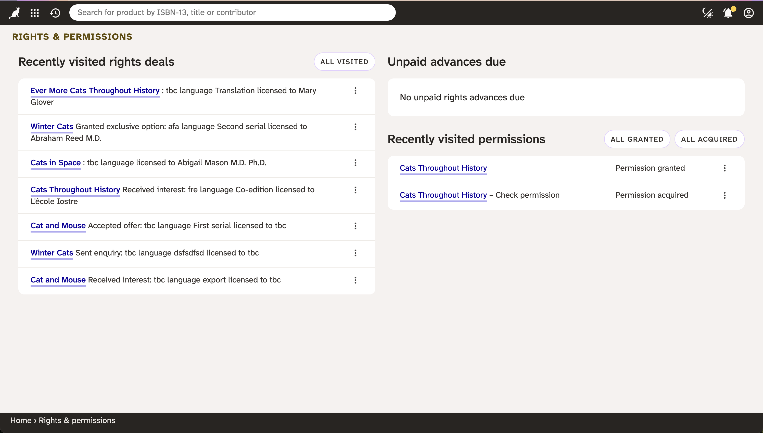 Screenshot of a rights deals dashboard