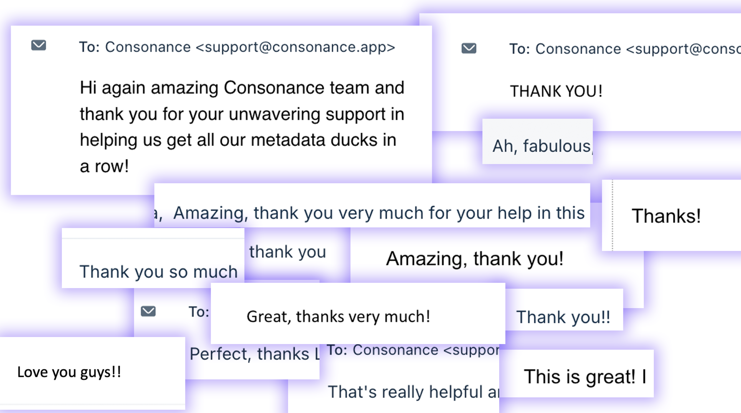 About 20 screenshots of customers signing off emails with a cheery thanks, forming a word cloud effect