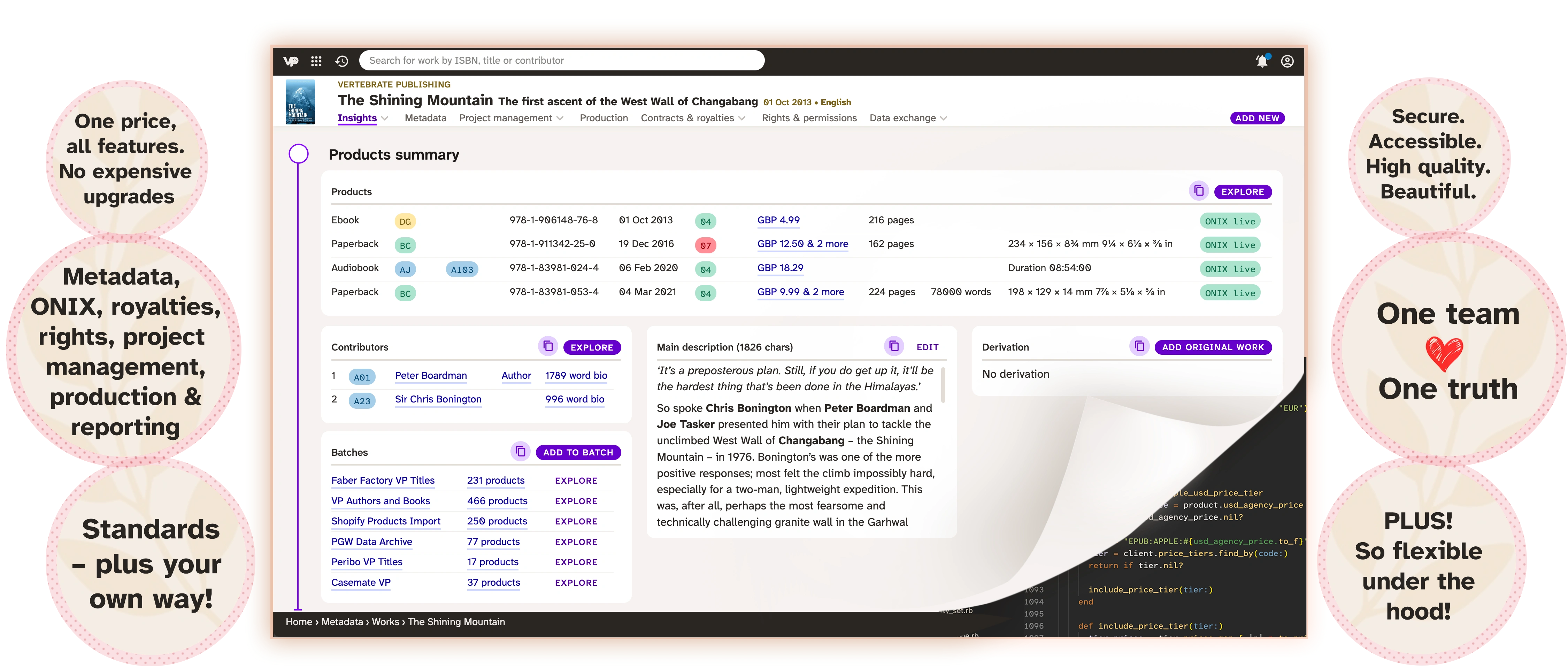 A work page in Consonance, showing summary cards, links to explore further, and with the edge of the page peeled up to reveal some Ruby code underneath.